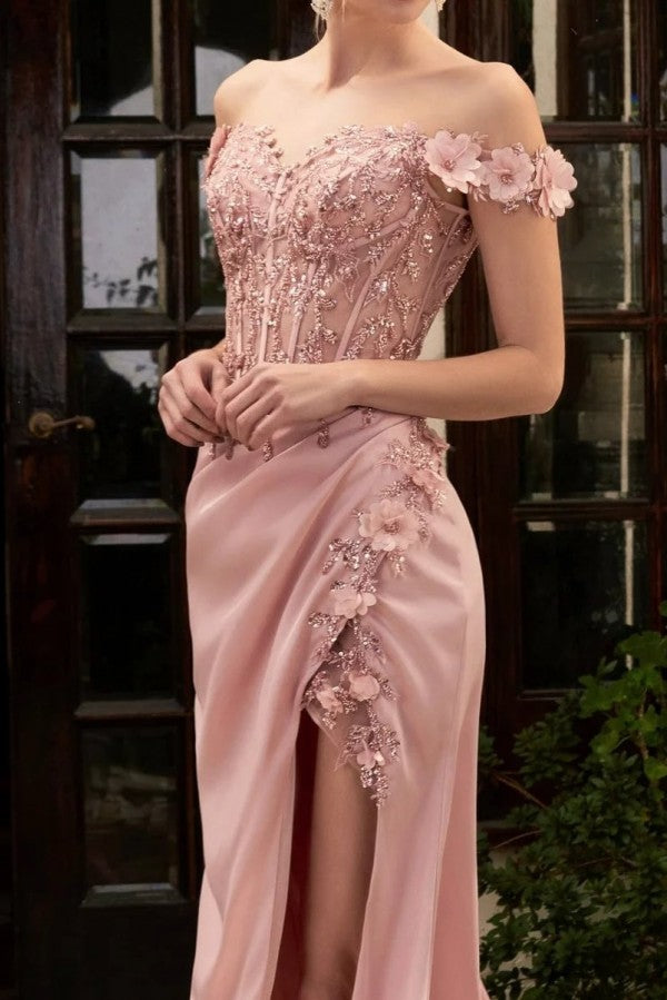 Pink Off-the-Shoulder Prom Dress Split With Appliques