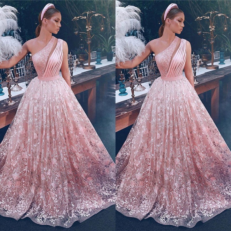 Pink One Shoulder Prom Dress Lace Long Evening Party Gowns