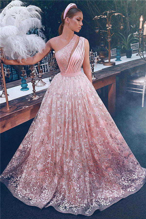 Pink One Shoulder Prom Dress Lace Long Evening Party Gowns