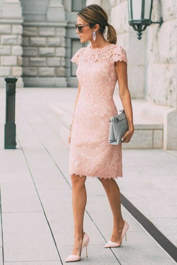 Pink Short Sleeves Lace Prom Dress Knee-Length