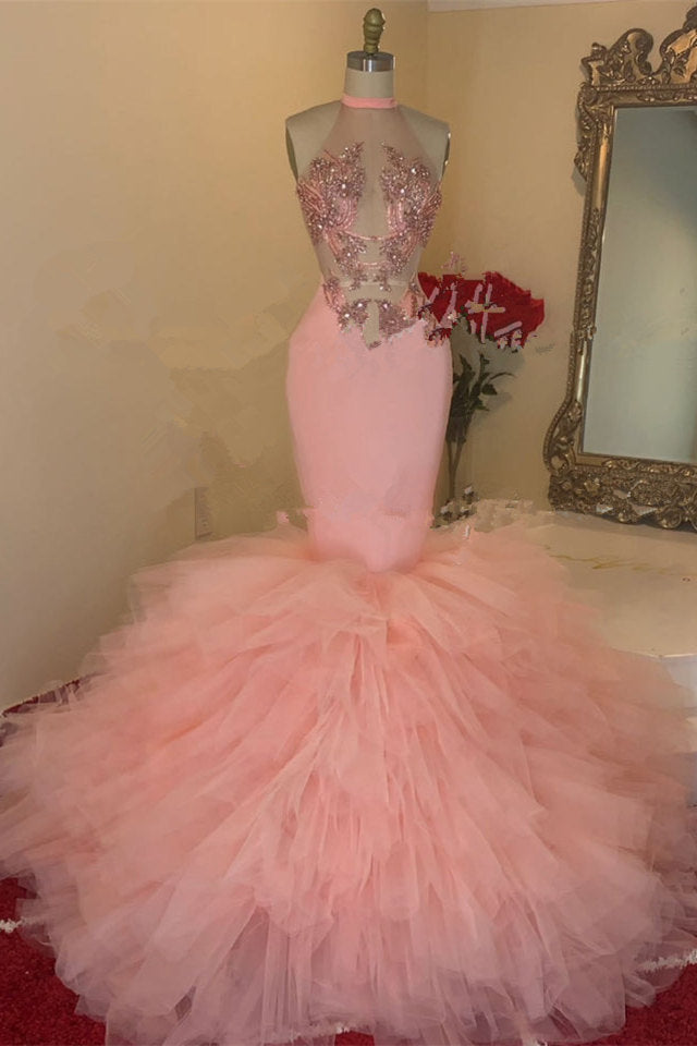 Pink Sleeveless Prom Dress Mermaid High Neck Tulle With Appliques