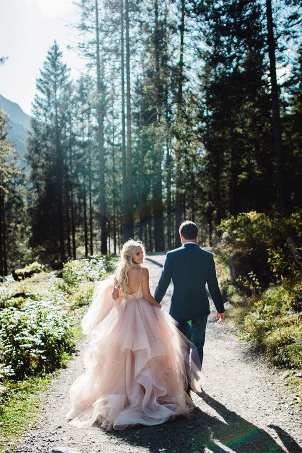 Pink Spaghetti-Straps Wedding Dress Tulle Backless Long