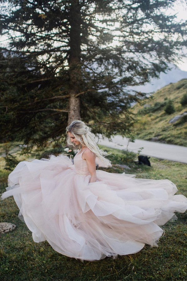 Pink Spaghetti-Straps Wedding Dress Tulle Backless Long