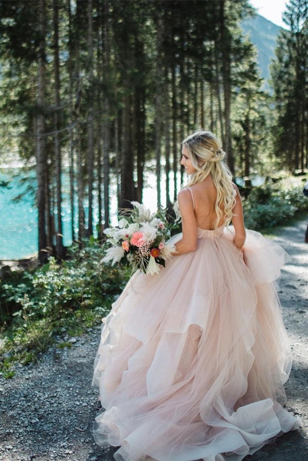 Pink Spaghetti-Straps Wedding Dress Tulle Backless Long