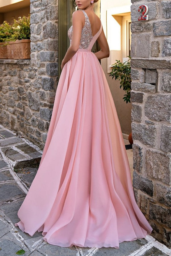 Pink V-Neck Prom Dress Split Long On Sale