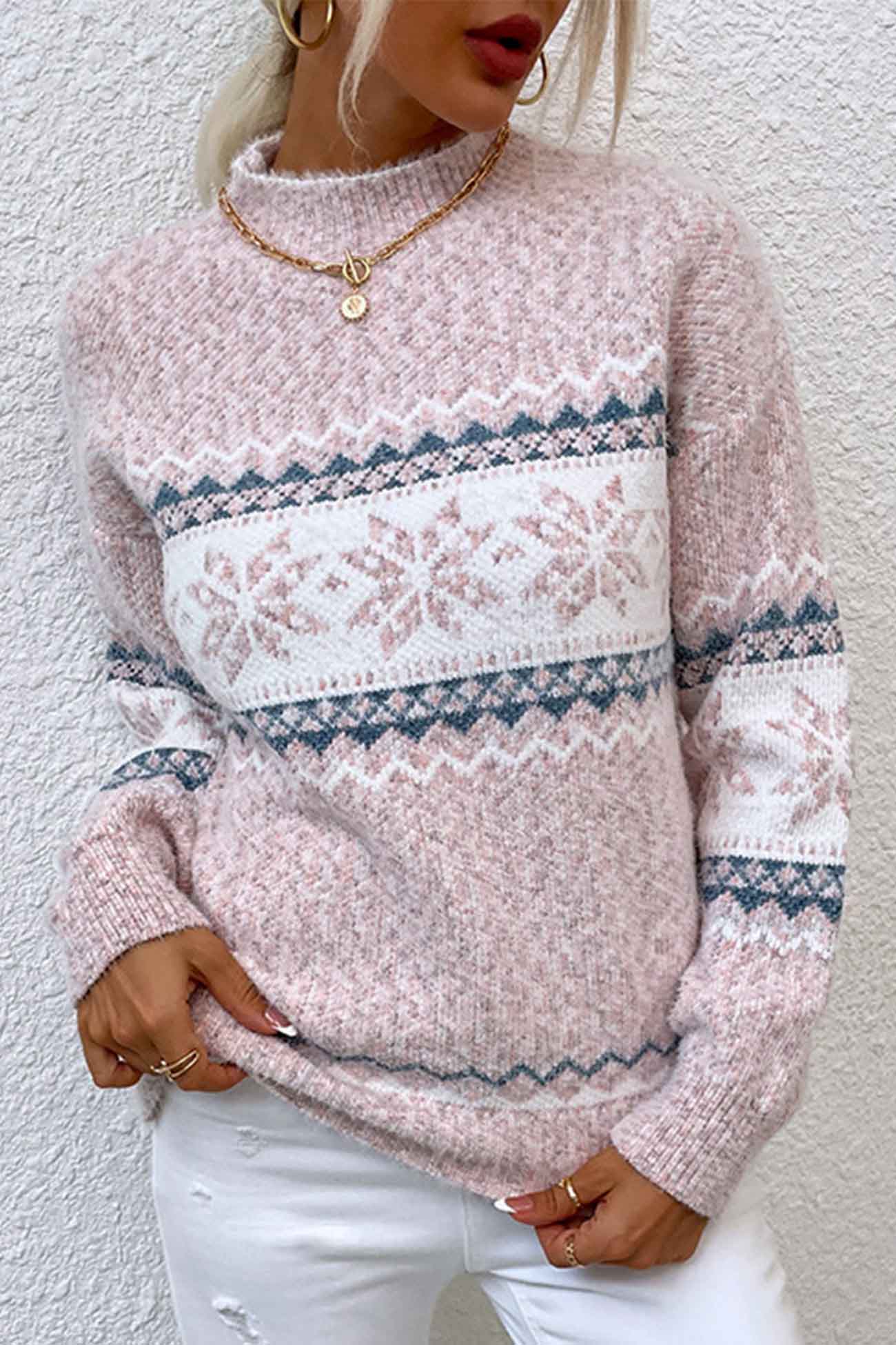 Contrast Mock Neck Snowflake Sweater