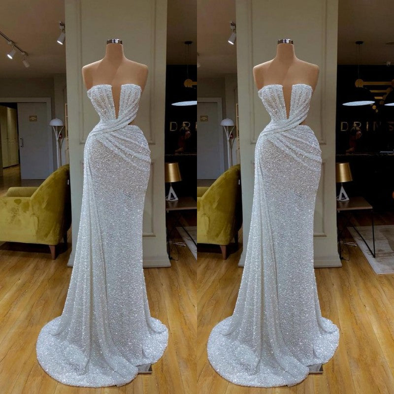 Plunging V-neck Sparkle White Sequined Strapless Prom Dress