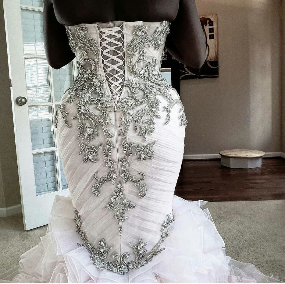 Plus Size Mermaid Crystal Lace Beads Sweetheart Long Train African Custom Made Ruffless Wedding Dresses