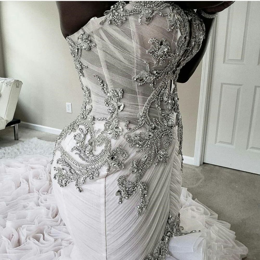 Plus Size Mermaid Crystal Lace Beads Sweetheart Long Train African Custom Made Ruffless Wedding Dresses