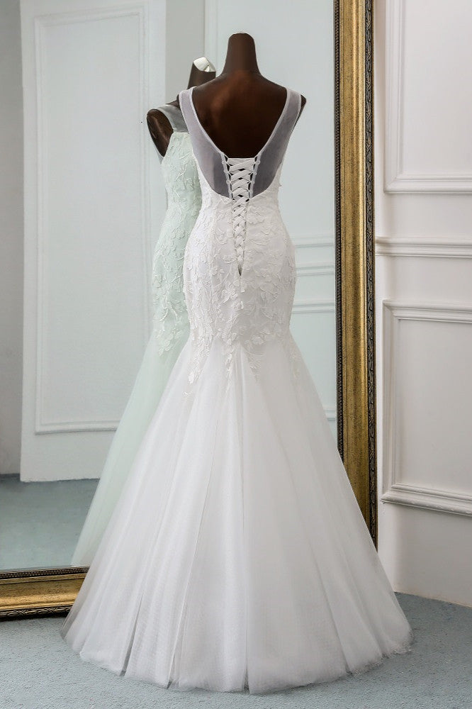 Popular Jewel Sleeveless White Mermaid Wedding Dresses with Appliques