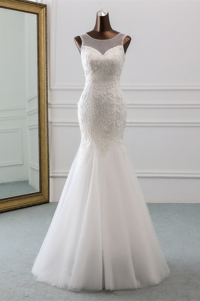 Popular Jewel Sleeveless White Mermaid Wedding Dresses with Appliques