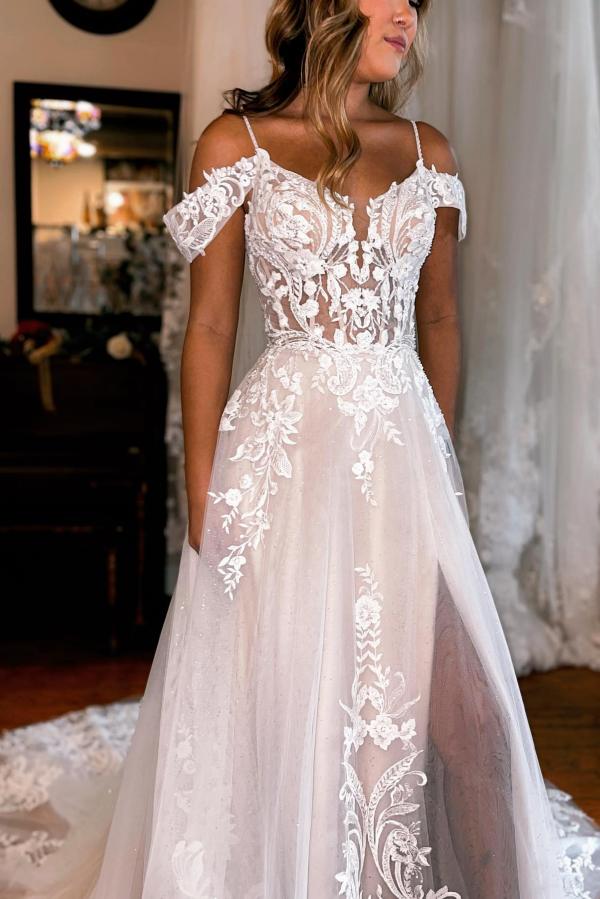 Pretty Off-the-Shoulder Wedding Dress Lace Appliques With Slit