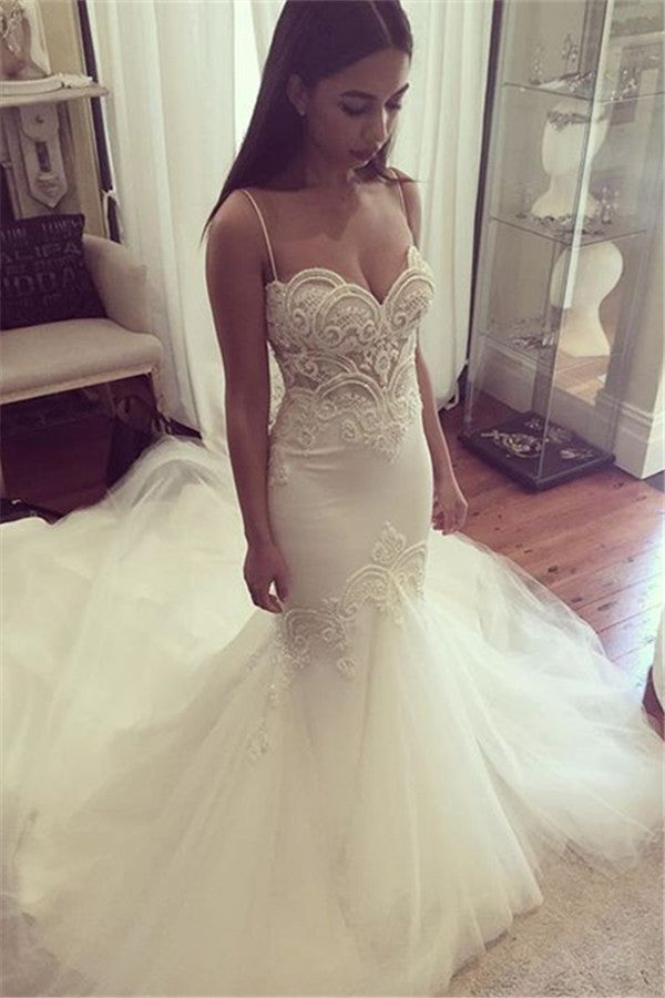 Pretty Spaghetti Straps Sweetheart Wedding Dress Summer Sheath Tulle Bridal Gown