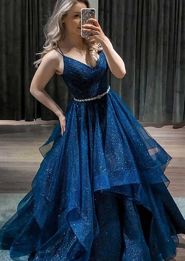 Princess A-Line V-Neck Glitter Prom Dress/Evening Dress with Beading Pleated