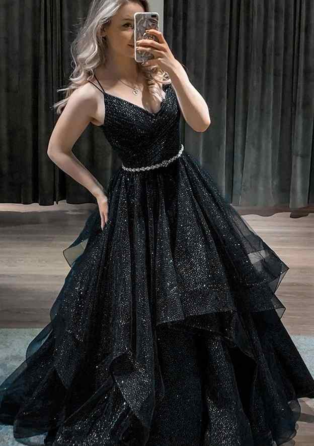 Princess A-Line V-Neck Glitter Prom Dress/Evening Dress with Beading Pleated