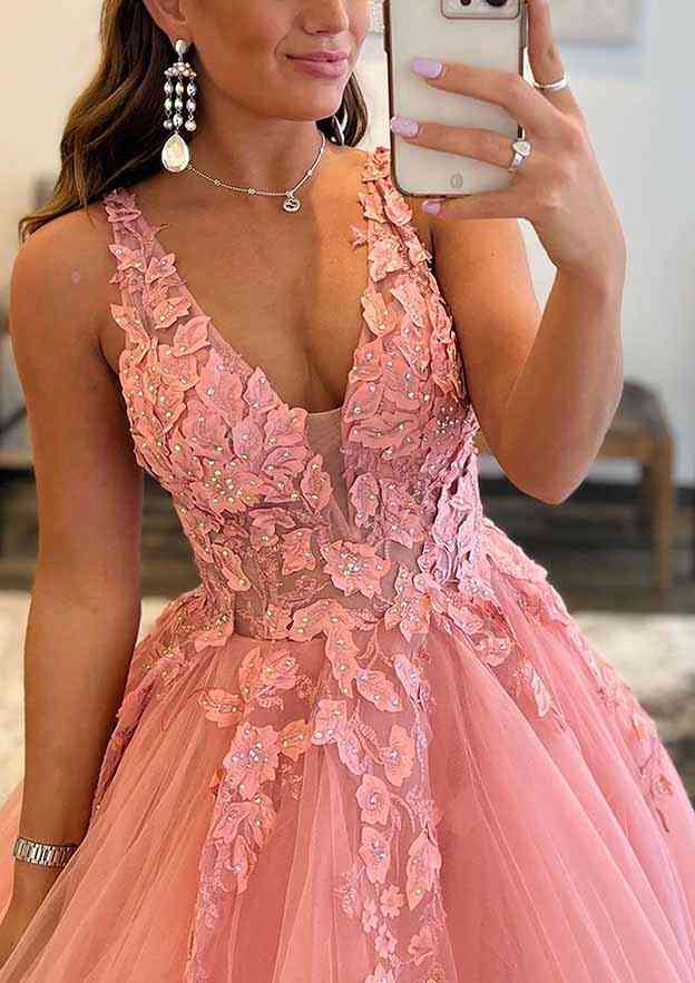 Princess A-Line V-Neck Sleeveless Prom Dress/Evening Dress with Beaded Appliques