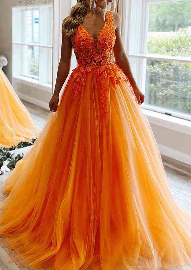 Princess A-Line V-Neck Sleeveless Prom Dress/Evening Dress with Beaded Appliques