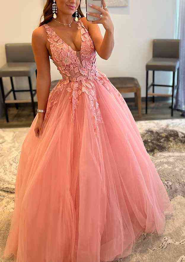 Princess A-Line V-Neck Sleeveless Prom Dress/Evening Dress with Beaded Appliques