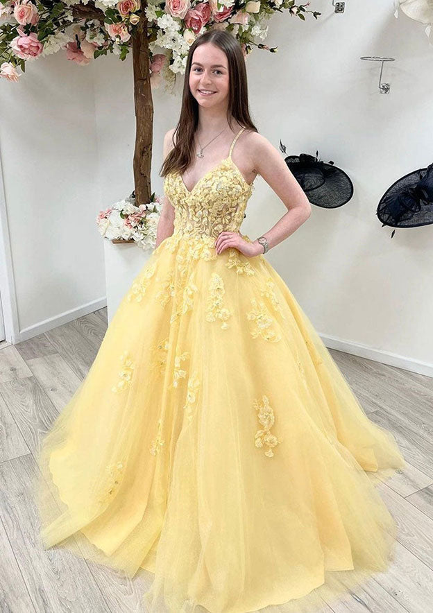 Princess A-Line V-Neck Sleeveless Tulle Prom Dress/Evening Dress With Beading Laced Appliques