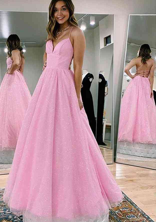 Princess A-Line V-Neck Spaghetti Strap Tulle Glitter Prom Dress/Evening Dress