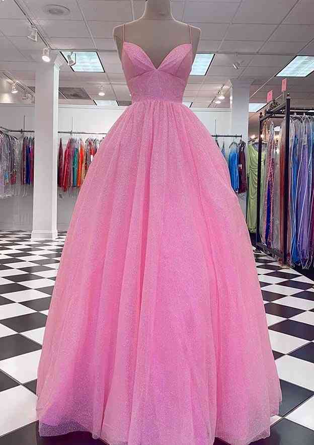 Princess A-Line V-Neck Spaghetti Strap Tulle Glitter Prom Dress/Evening Dress