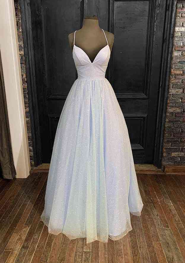 Princess A-Line V-Neck Spaghetti Strap Tulle Glitter Prom Dress/Evening Dress