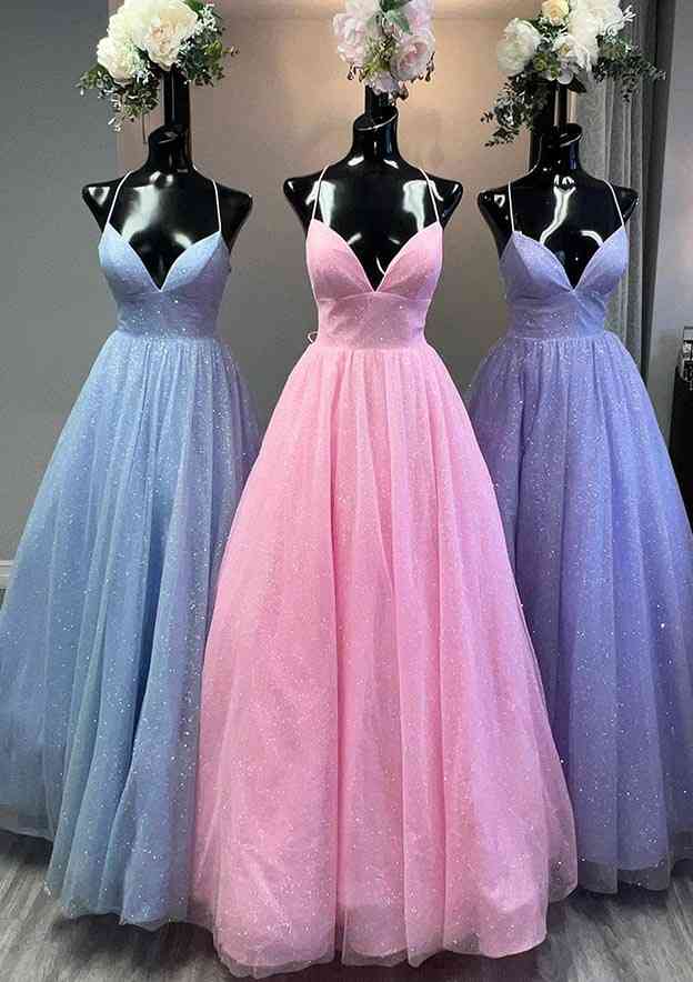 Princess A-Line V-Neck Spaghetti Strap Tulle Glitter Prom Dress/Evening Dress