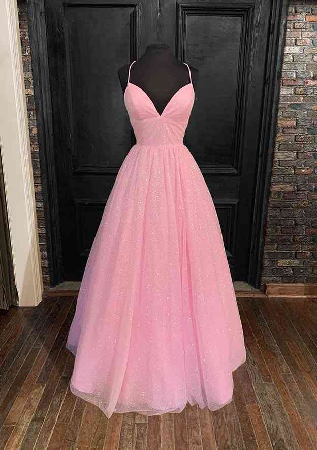 Princess A-Line V-Neck Spaghetti Strap Tulle Glitter Prom Dress/Evening Dress