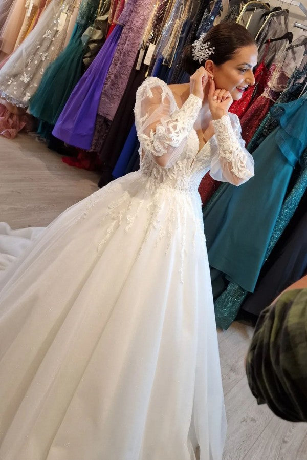 Princess Long V-Neck A-Line Lace Wedding Dress with Long Sleeves