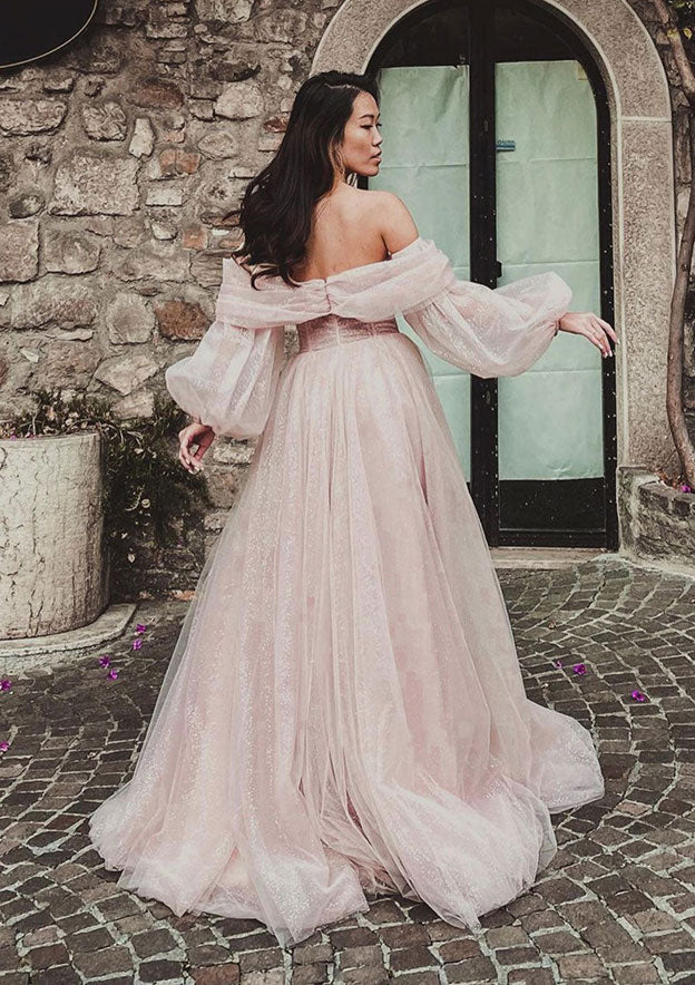 Princess Off-the-Shoulder Tulle Prom Dress/Evening Dress With Split and Sweep Train