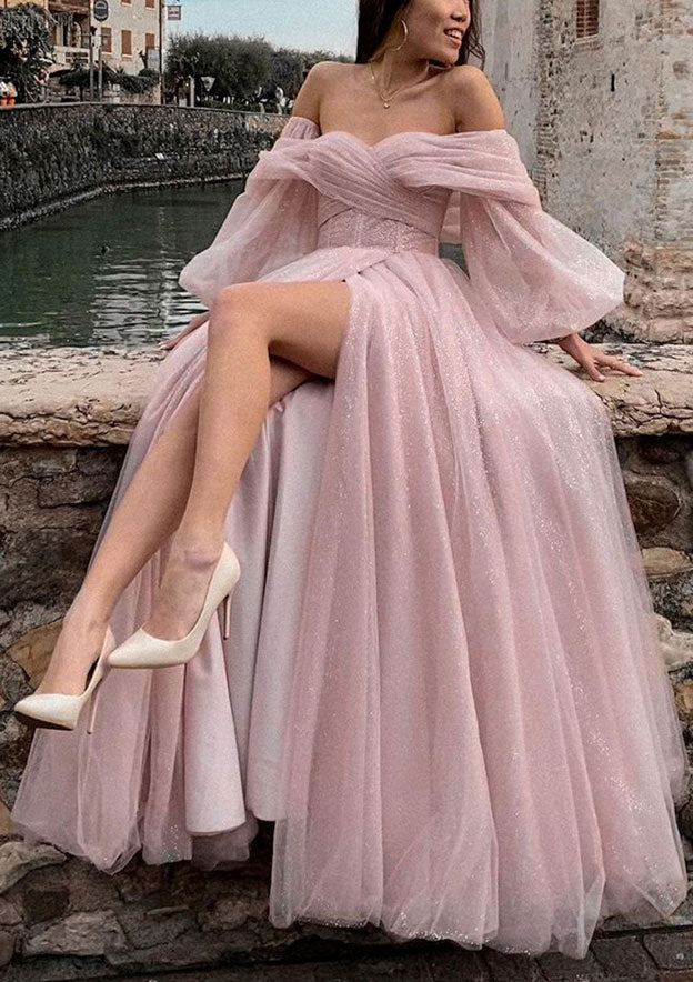 Princess Off-the-Shoulder Tulle Prom Dress/Evening Dress With Split and Sweep Train