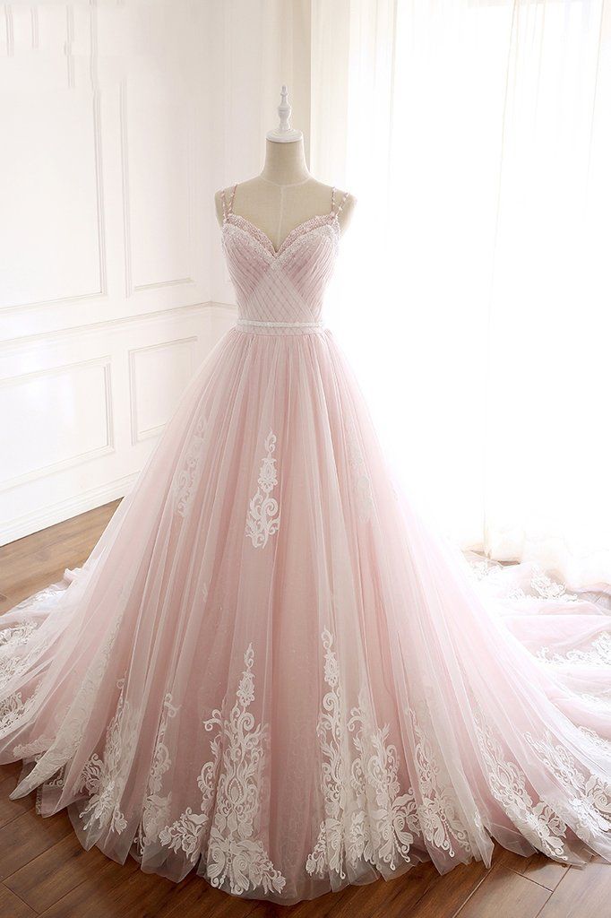 Princess Sweetheart Lace Pink Prom Dress Long Tulle Party Gowns