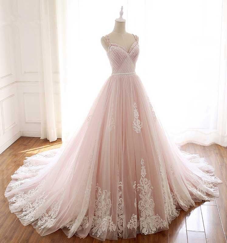 Princess Sweetheart Lace Pink Prom Dress Long Tulle Party Gowns