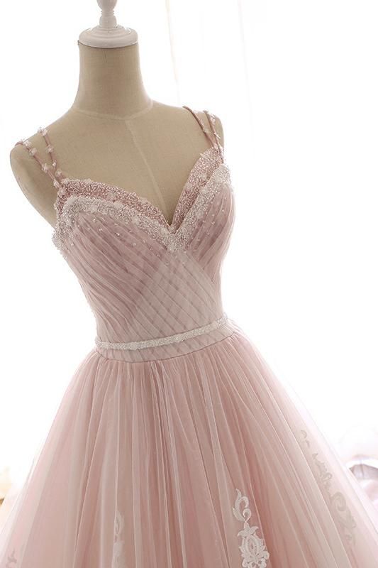 Princess Sweetheart Lace Pink Prom Dress Long Tulle Party Gowns