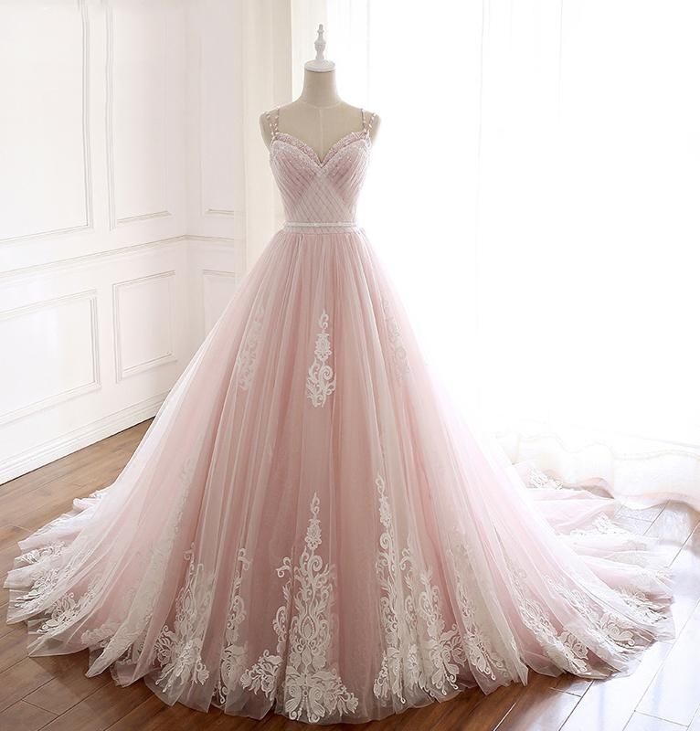 Princess Sweetheart Lace Pink Prom Dress Long Tulle Party Gowns