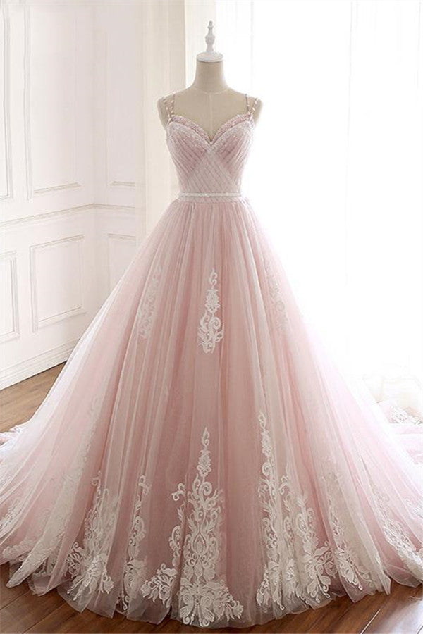 Princess Sweetheart Lace Pink Prom Dress Long Tulle Party Gowns