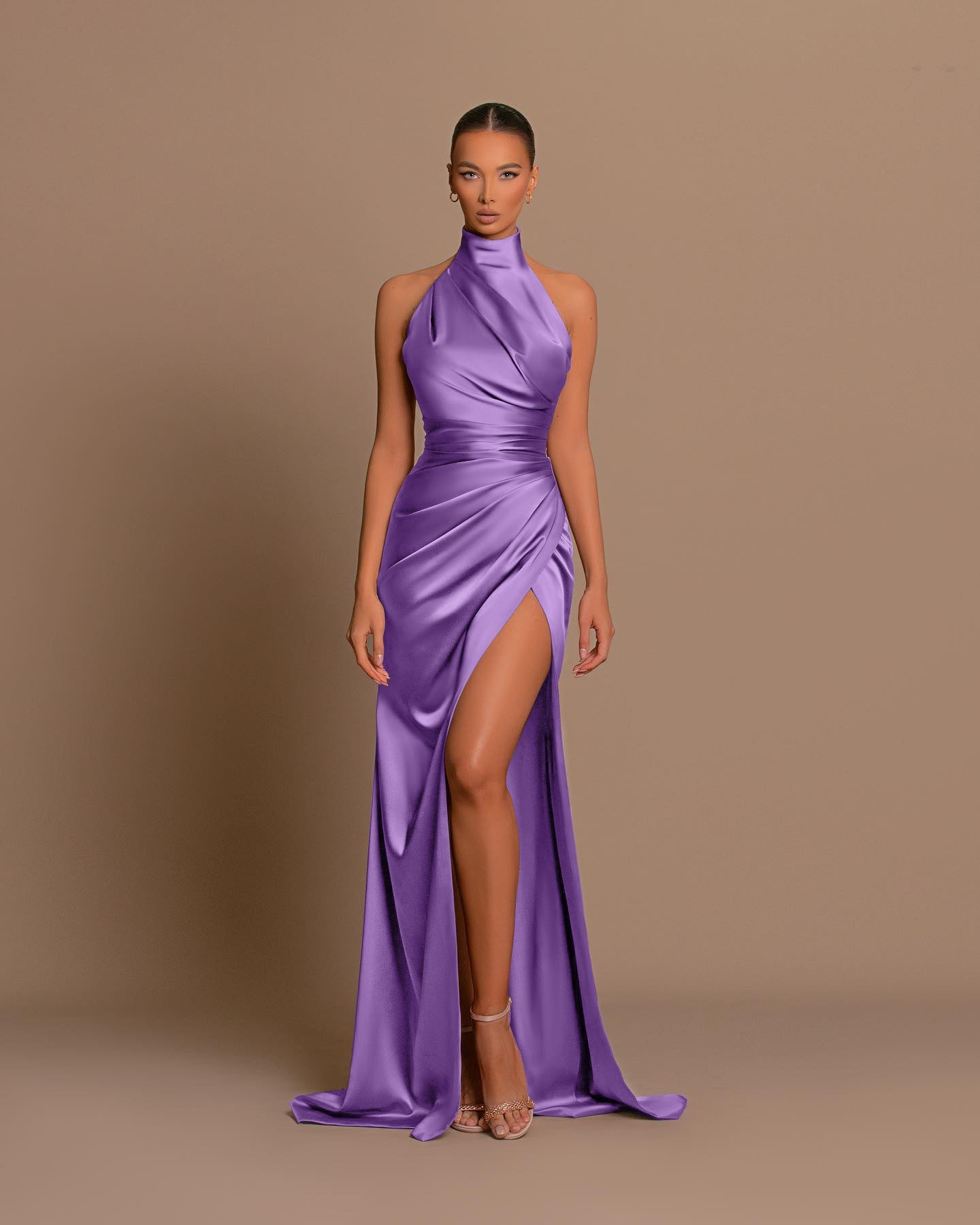 B4187 - High Neck Halter Ruched Satin Sheath Long Bridesmaid Dress With Slit