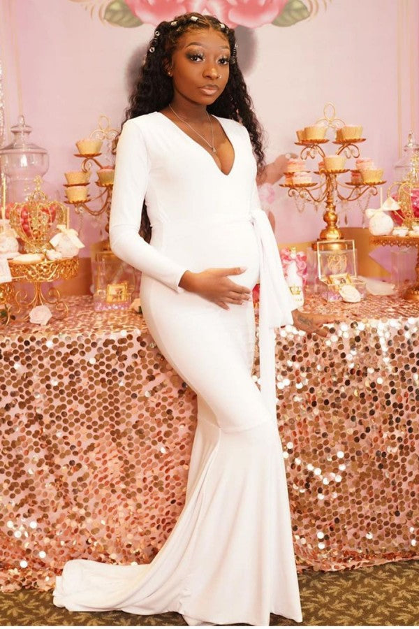 Pure White V-neck Mermaid Pregnant Formal Dresses with Sleeves