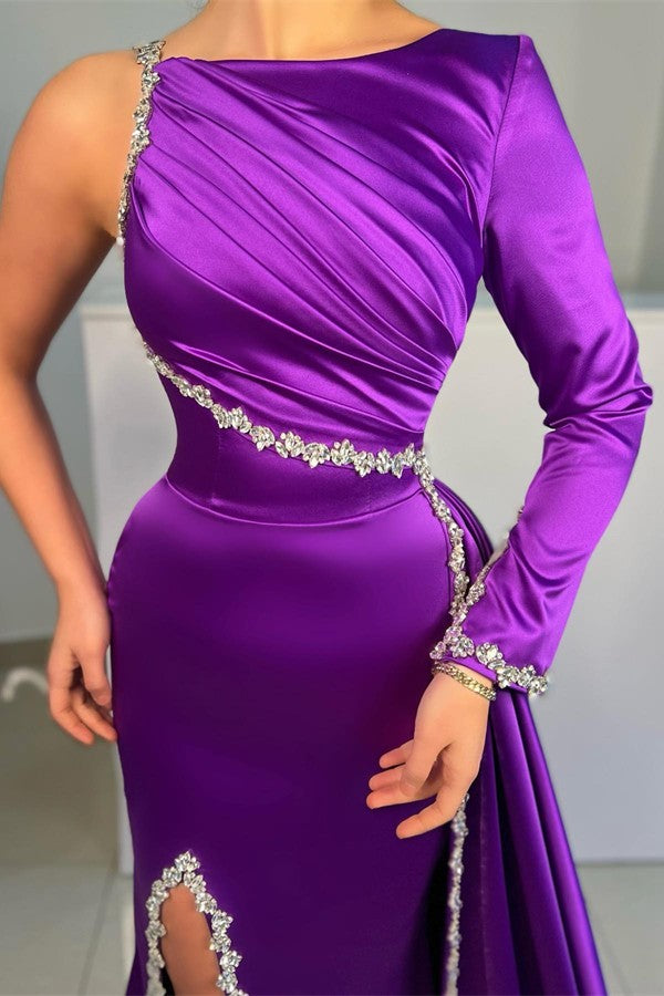 Purple Long Sleeve One Shoulder Prom Dress Mermaid With Slit