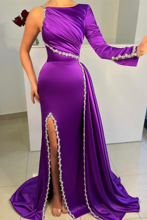 Purple Long Sleeve One Shoulder Prom Dress Mermaid With Slit