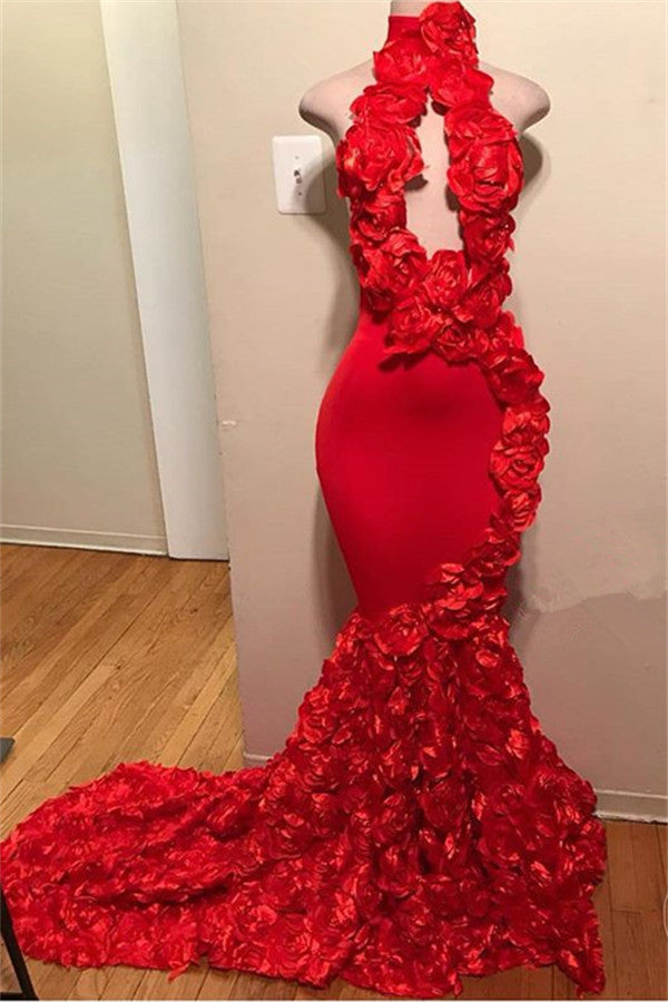 Red High Neck Mermaid Prom Dress With Flowers Sleeveless Formal Wears