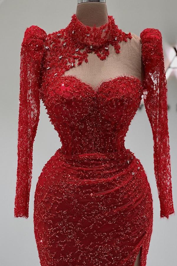 Red Long Sleeves Evening Dress Mermaid Long With Lace