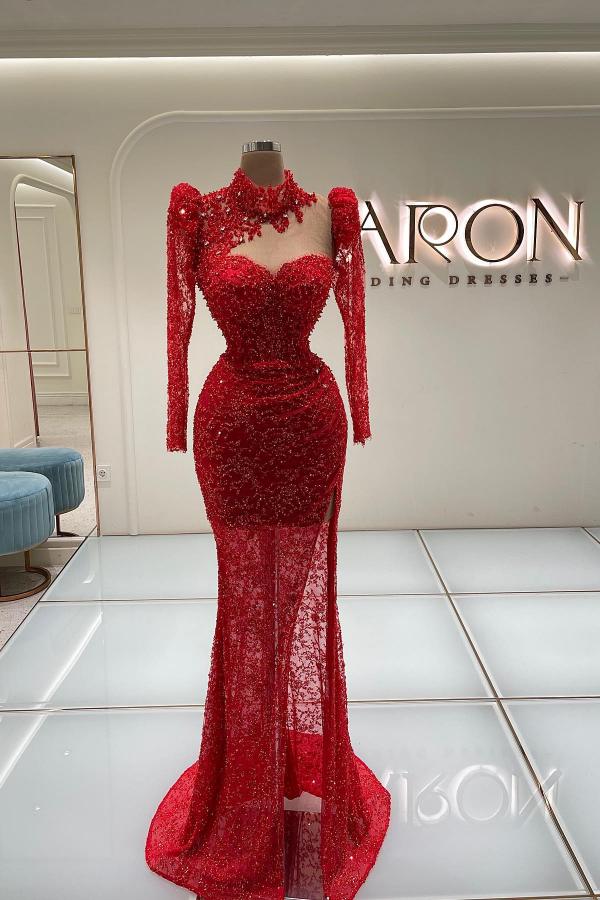 Red Long Sleeves Evening Dress Mermaid Long With Lace