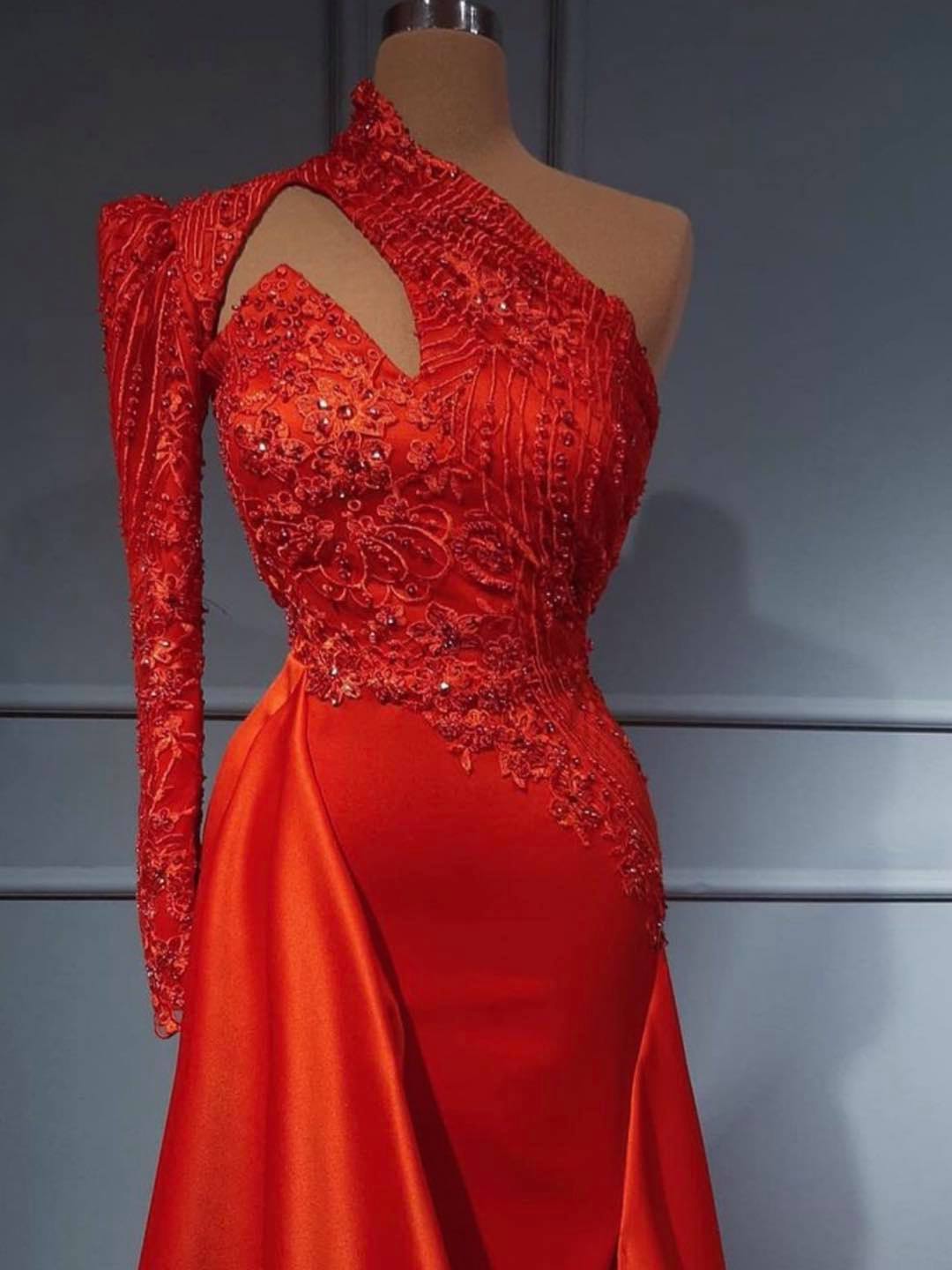 Red Long Sleeves Lace Prom Dress Mermaid