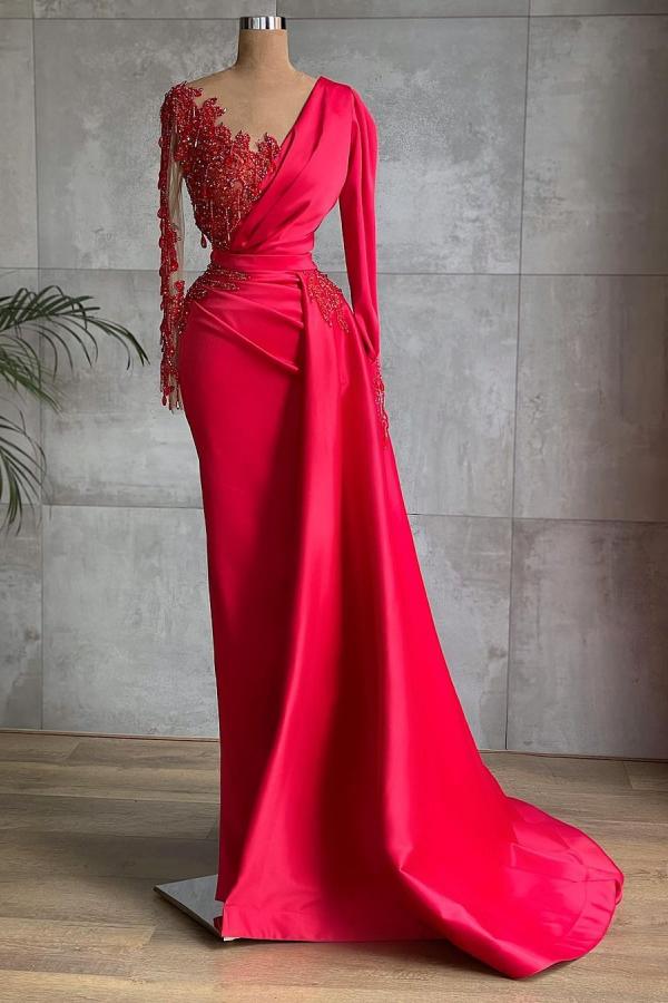 Red Long Sleeves Mermaid Prom Dress WIth Beads Appliques