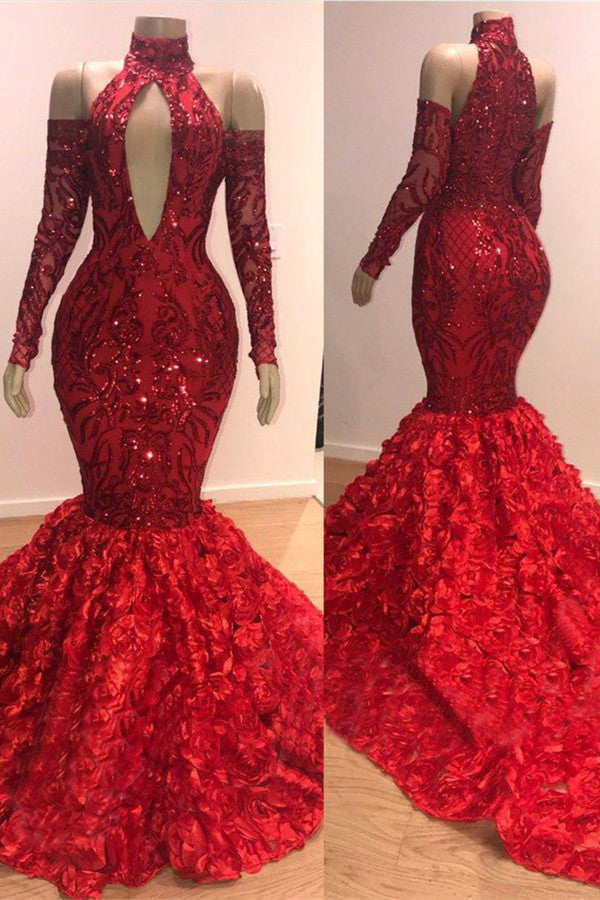 Red Long Sleeves Prom Dress Mermaid With Flowers Bottom