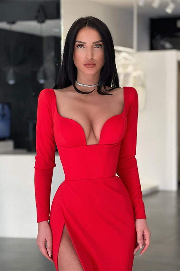 Red Long Sleeves V-Neck Evening Dress Mermaid With Slit On Sale