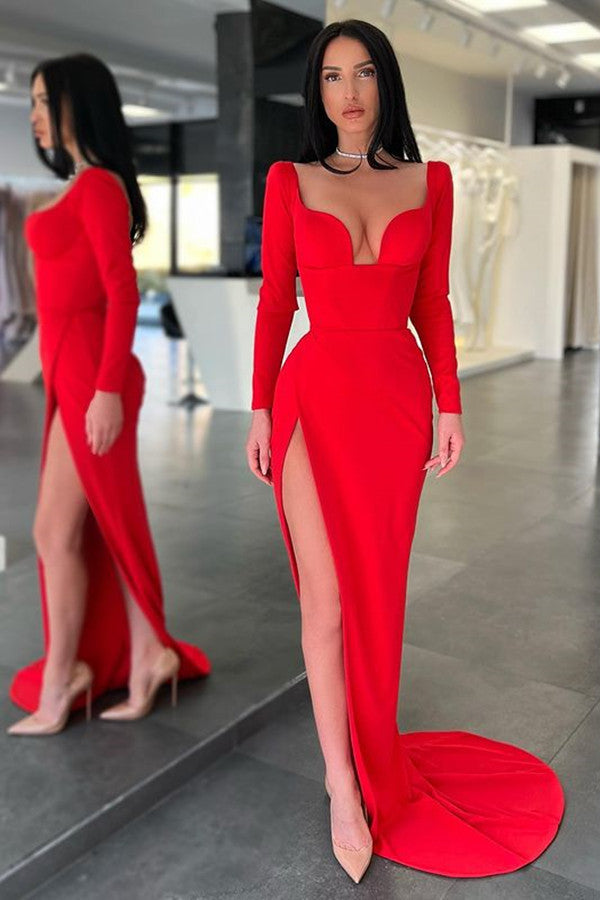 Red Long Sleeves V-Neck Evening Dress Mermaid With Slit On Sale