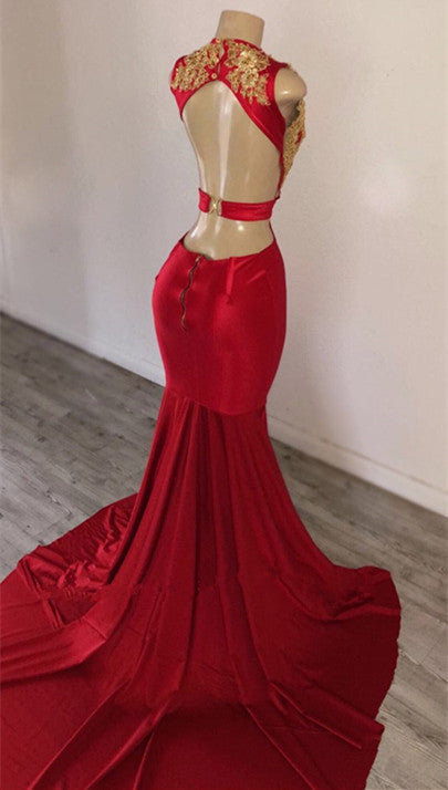 Red Mermaid Prom Dress Long With Gold Appliques