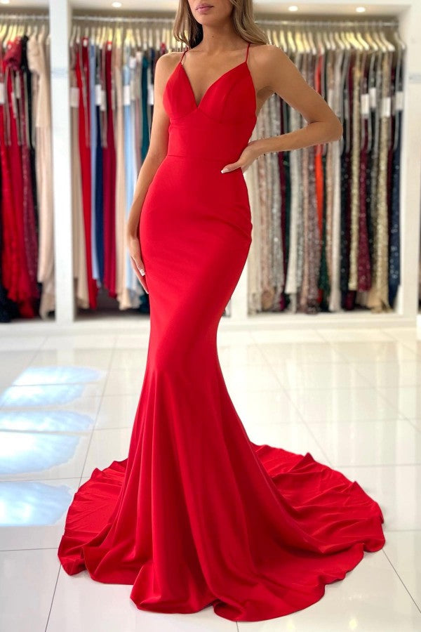 Red Mermaid Prom Dress Spaghetti-Straps Sleeveless